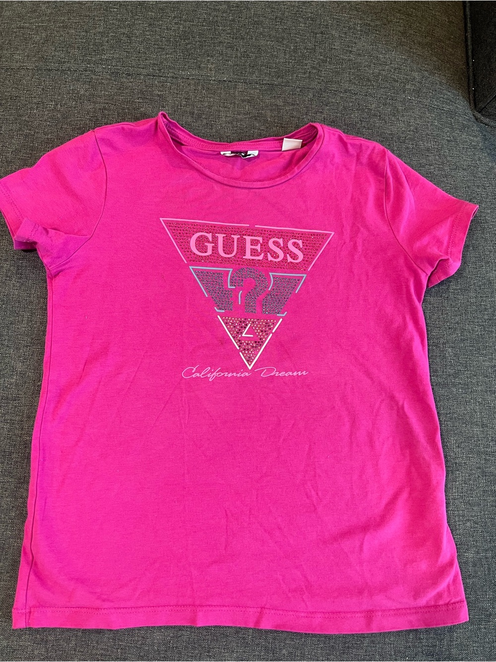 GUESS Hot Pink Logo Tee with Rhinestone Triangle
